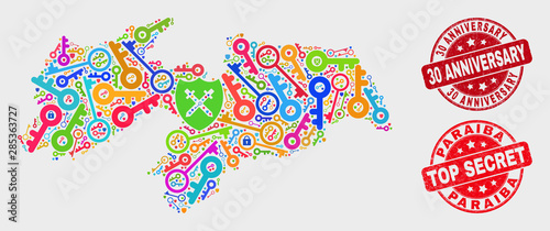 Key Paraiba State map and seal stamps. Red round Top Secret and 30 Anniversary textured stamps. Colored Paraiba State map mosaic of different registration icons.
