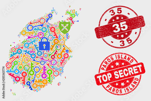 Shield Paros Island map and seal stamps. Red rounded Top Secret and 35 scratched stamps. Colored Paros Island map mosaic of different shield elements. Vector combination for safety purposes.