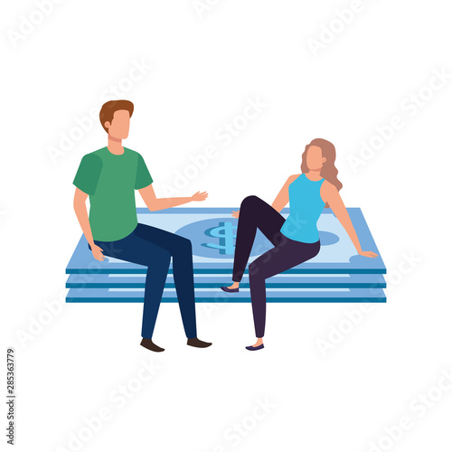 young couple with bills dollars characters