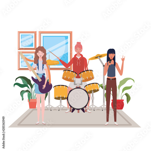 women with musicals instruments on white background