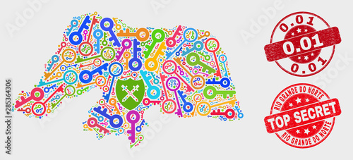 Guard Rio Grande do Norte State map and seal stamps. Red rounded Top Secret and 0.01 textured seal stamps. Colorful Rio Grande do Norte State map mosaic of different security icons.