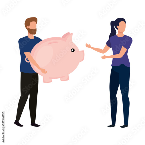 young couple with piggy savings characters