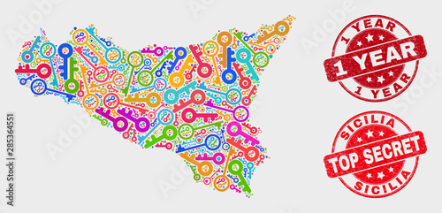Security Sicilia map and seal stamps. Red round Top Secret and 1 Year distress seal stamps. Bright Sicilia map mosaic of different access elements. Vector composition for guard purposes.