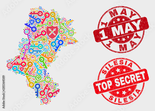 Guard Silesian Voivodeship map and seals. Red rounded Top Secret and 1 May textured seals. Colored Silesian Voivodeship map mosaic of different registration icons.
