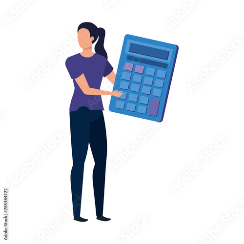 young woman with calculator math character