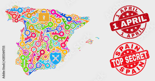 Passkey Spain map and seal stamps. Red rounded Top Secret and 1 April grunge seal stamps. Colorful Spain map mosaic of different passkey icons. Vector composition for safety purposes.