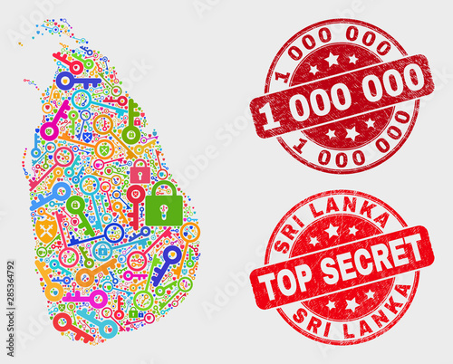 Key Sri Lanka map and seal stamps. Red round Top Secret and 1 000 000 distress stamps. Bright Sri Lanka map mosaic of different registration icons. Vector composition for guard purposes.