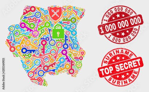 Safety Suriname map and seal stamps. Red round Top Secret and 1 000 000 000 grunge seal stamps. Colored Suriname map mosaic of different safeguard items. Vector collage for keeping purposes.