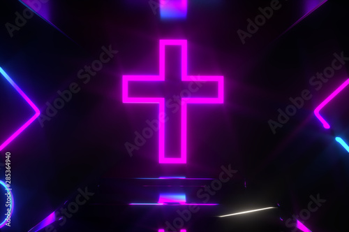 3D Illustration of neon geometric cross background 3d render