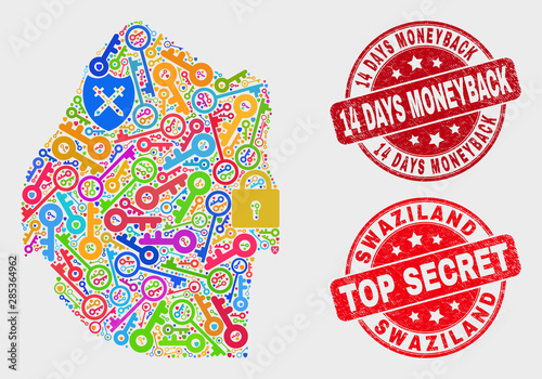 Protection Swaziland map and stamps. Red rounded Top Secret and 14 Days Moneyback grunge seal stamps. Bright Swaziland map mosaic of different security elements.