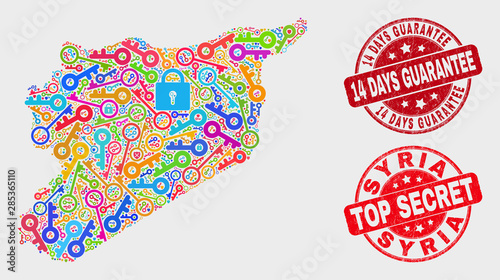 Safeguard Syria map and seal stamps. Red rounded Top Secret and 14 Days Guarantee distress seal stamps. Colored Syria map mosaic of different shield items. Vector combination for keeping purposes.