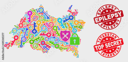 Firewall Tatarstan map and seal stamps. Red round Top Secret and Epilepsy textured seal stamps. Colorful Tatarstan map mosaic of different passkey icons. Vector collage for keeping purposes.
