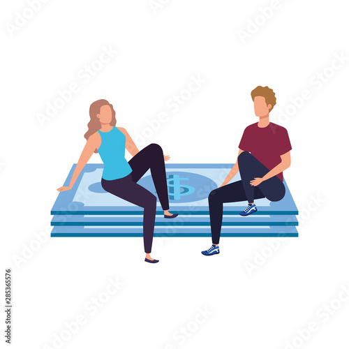 young couple with bills dollars characters