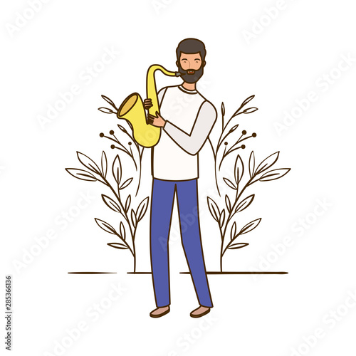 man with saxophone and branches and leaves in the background