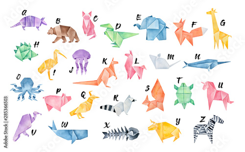 Watercolour Origami Alphabet. Letters from A to Z: armadillo, bear, cat, dinosaur, elephant, fox, giraffe, hedgehog, ibis, jellyfish, kangaroo, llama, mouse, narwhal, octopus, pig, quail, raccoon...