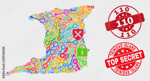 Firewall Trinidad Island map and seal stamps. Red round Top Secret and 110 distress seal stamps. Bright Trinidad Island map mosaic of different keeper icons. Vector collage for keeping purposes.
