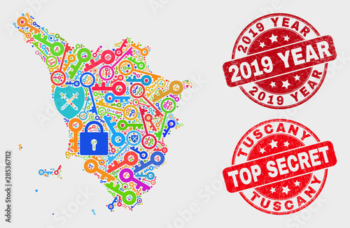 Guard Tuscany region map and stamps. Red rounded Top Secret and 2019 Year scratched watermarks. Colorful Tuscany region map mosaic of different access symbols. Vector composition for guard purposes.