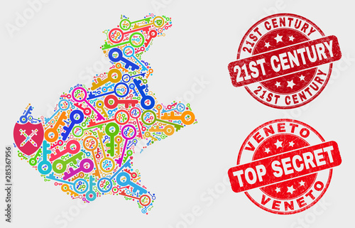 Key Veneto region map and watermarks. Red round Top Secret and 21St Century distress seal stamps. Colorful Veneto region map mosaic of different key items. Vector composition for security purposes.