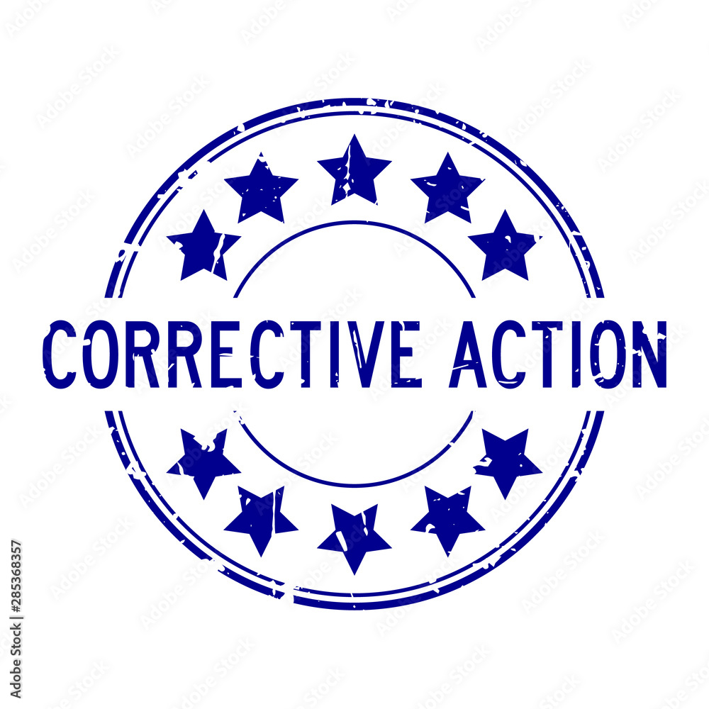 Grunge blue corrective action word with star icon round rubber seal stamp on white background