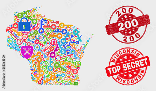 Secure Wisconsin State map and seal stamps. Red rounded Top Secret and 200 grunge stamps. Bright Wisconsin State map mosaic of different protection items. Vector composition for safety purposes.