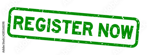 Grunge green register now word rubber seal stamp on white background