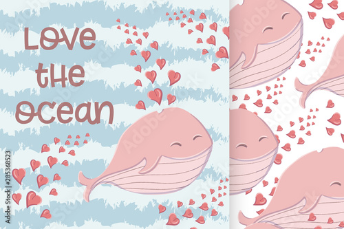Cute whale in the sea with hearts and and seamless pattern in the style of a cartoon.