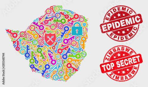 Security Zimbabwe map and watermarks. Red round Top Secret and Epidemic grunge seals. Colored Zimbabwe map mosaic of different administration icons. Vector collage for security purposes.