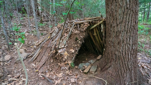 Bushcraft Survival A frame Debris Hut Shelter. Primitive Makeshift camping in the forest wilderness of the Blue Ridge Mountains.