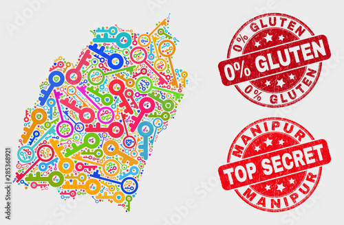 Security Manipur State map and seals. Red rounded Top Secret and 0% Gluten distress seals. Bright Manipur State map mosaic of different privacy elements. Vector composition for security purposes.