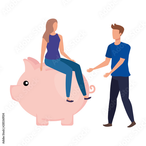 young couple with piggy savings characters