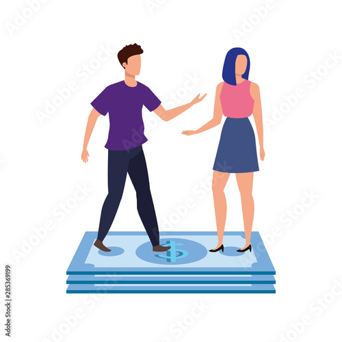 young couple with bills dollars characters