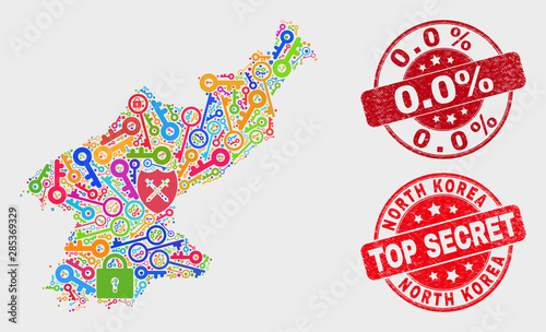 Secure North Korea map and seal stamps. Red round Top Secret and 0.0% textured seal stamps. Bright North Korea map mosaic of different guard symbols. Vector composition for safety purposes.