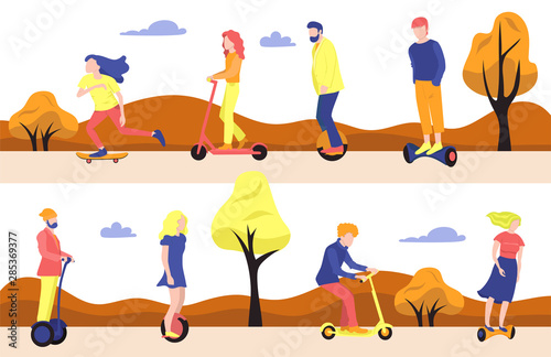 Collection of people on ecological transport. Vector graphics.
