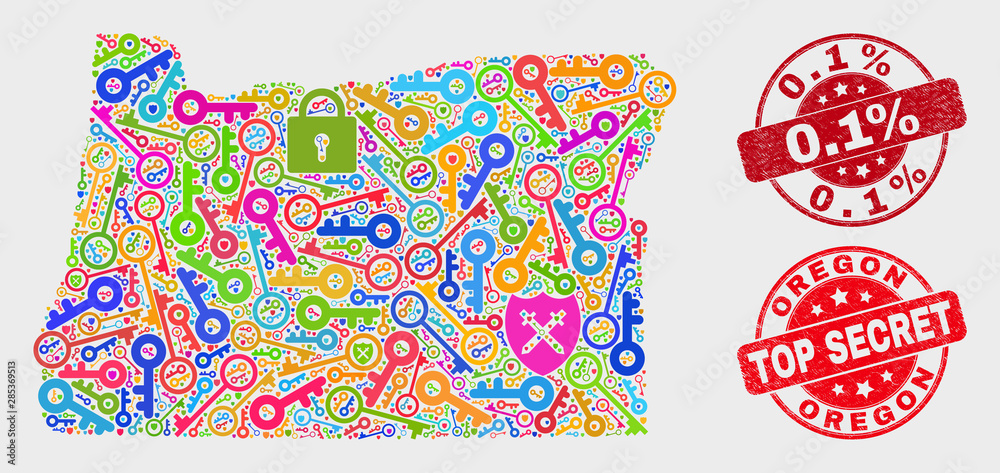 Fototapeta premium Protection Oregon State map and seal stamps. Red round Top Secret and 0.1% textured stamps. Bright Oregon State map mosaic of different safeguard icons. Vector composition for security purposes.