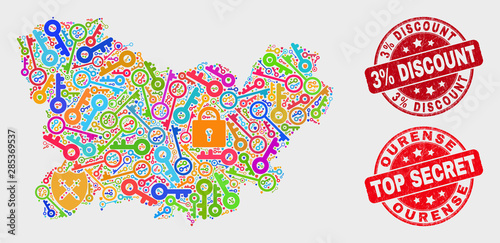 Safety Ourense Province map and seals. Red round Top Secret and 3% Discount grunge seals. Colorful Ourense Province map mosaic of different safeguard items. Vector collage for safety purposes.