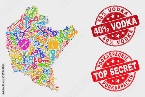 Security Podkarpackie Voivodeship map and seal stamps. Red rounded Top Secret and 40% Vodka textured seals. Colored Podkarpackie Voivodeship map mosaic of different guard items.