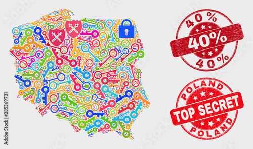 Safeguard Poland map and seals. Red round Top Secret and 40% textured seal stamps. Colorful Poland map mosaic of different safeguard icons. Vector collage for security purposes.