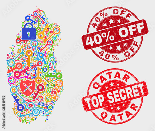 Key Qatar map and seal stamps. Red round Top Secret and 40% Off distress seal stamps. Colored Qatar map mosaic of different registration items. Vector combination for safety purposes.