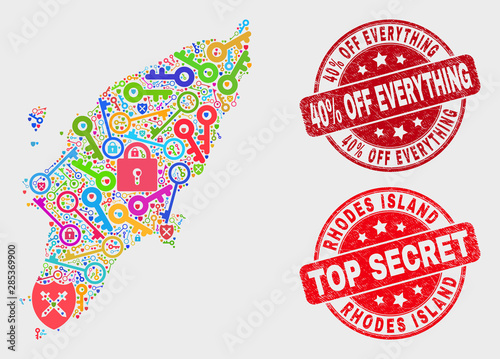 Security Rhodes Island map and watermarks. Red rounded Top Secret and 40% Off Everything textured watermarks. Colored Rhodes Island map mosaic of different lock elements.