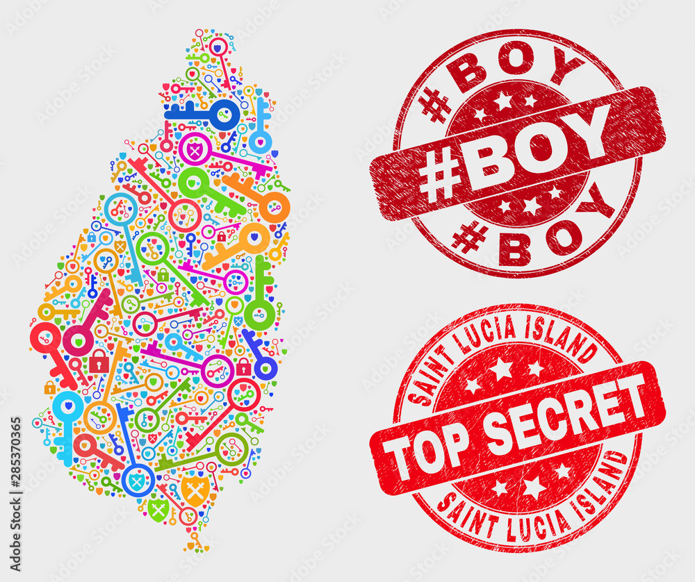 Safety Saint Lucia Island map and stamps. Red round Top Secret and Boy grunge stamps. Colorful