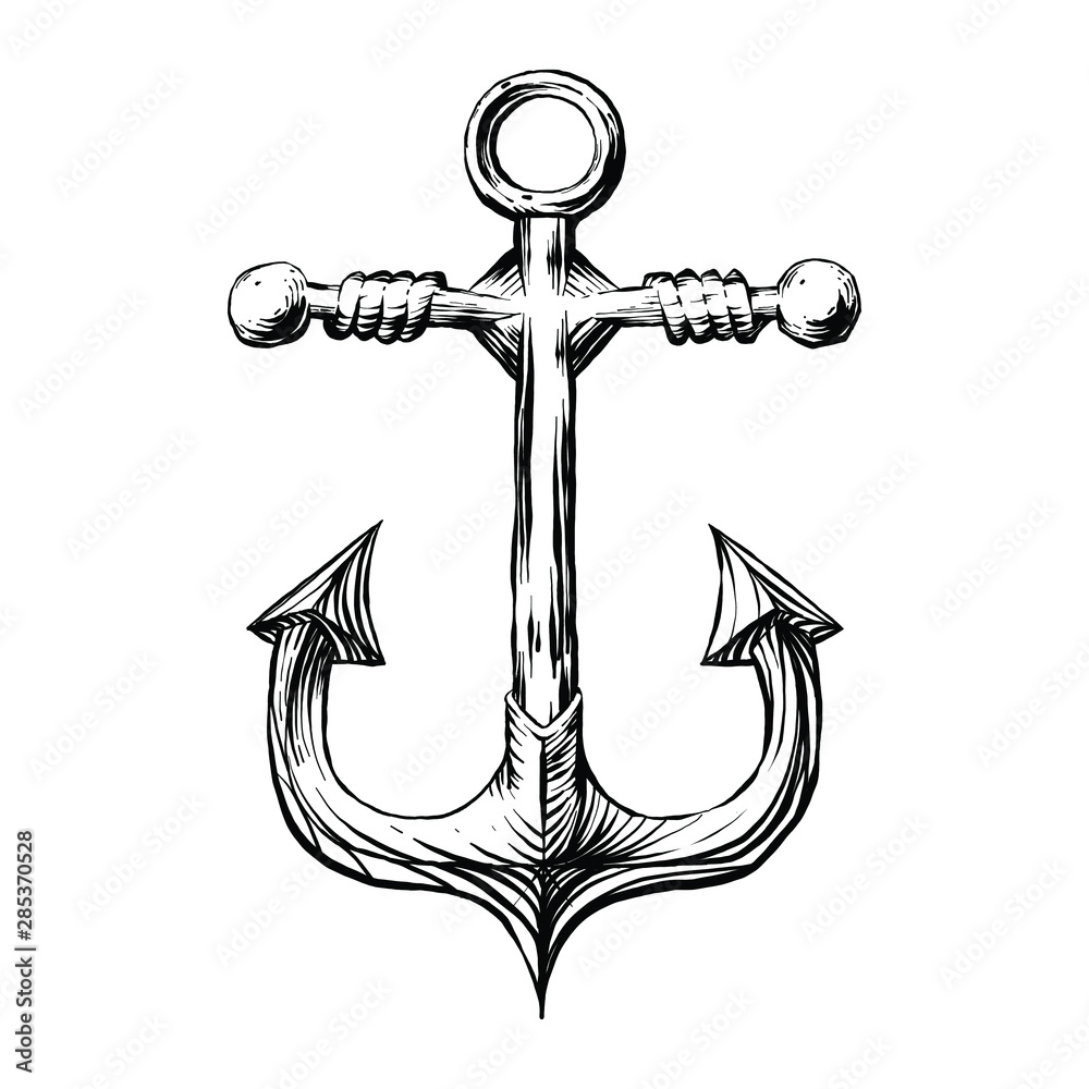 Оld rusted textured anchor drawed by hand with immitation of black ink fountain pen in vector,
