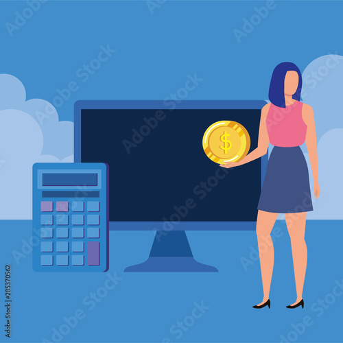 young woman with desktop and money