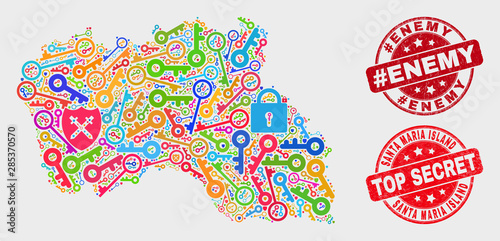 Secure Santa Maria Island map and watermarks. Red round Top Secret and #Enemy scratched seals. Bright Santa Maria Island map mosaic of different guard items. Vector combination for guard purposes.