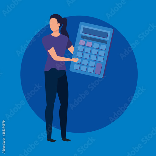 young woman with calculator math character