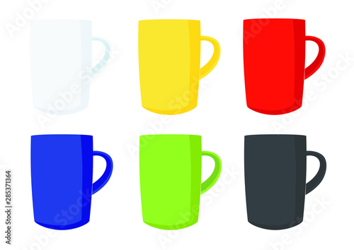 Many coffee cups Multi color White yellow red blue green black on white background illustration vector 