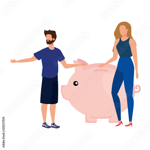 young couple with piggy savings characters
