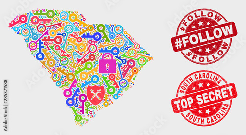 Safety South Carolina State map and seal stamps. Red round Top Secret and #Follow textured seal stamps. Bright South Carolina State map mosaic of different security elements.