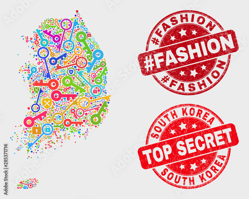 Keep South Korea map and seal stamps. Red round Top Secret and #Fashion scratched seal stamps. Colorful South Korea map mosaic of different privacy elements. Vector combination for security purposes.