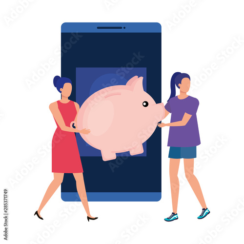 young women with smartphone and money