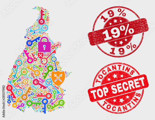Security Tocantins State map and seal stamps. Red rounded Top Secret and 19% distress seal stamps. Bright Tocantins State map mosaic of different access items. Vector combination for guard purposes.